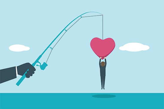 This illustration of a man hanging onto a heart which is bait at the end of a fishing pole held by a fraudster represents how fraudsters will try to bait potential victims of investment fraud through romance scams.