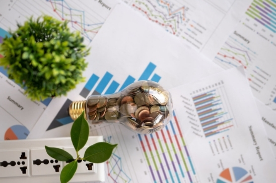 The image is meant to demonstrate the concept of socially responsible investing: shows a coin lamp and a plant sitting on top of various financial documents.