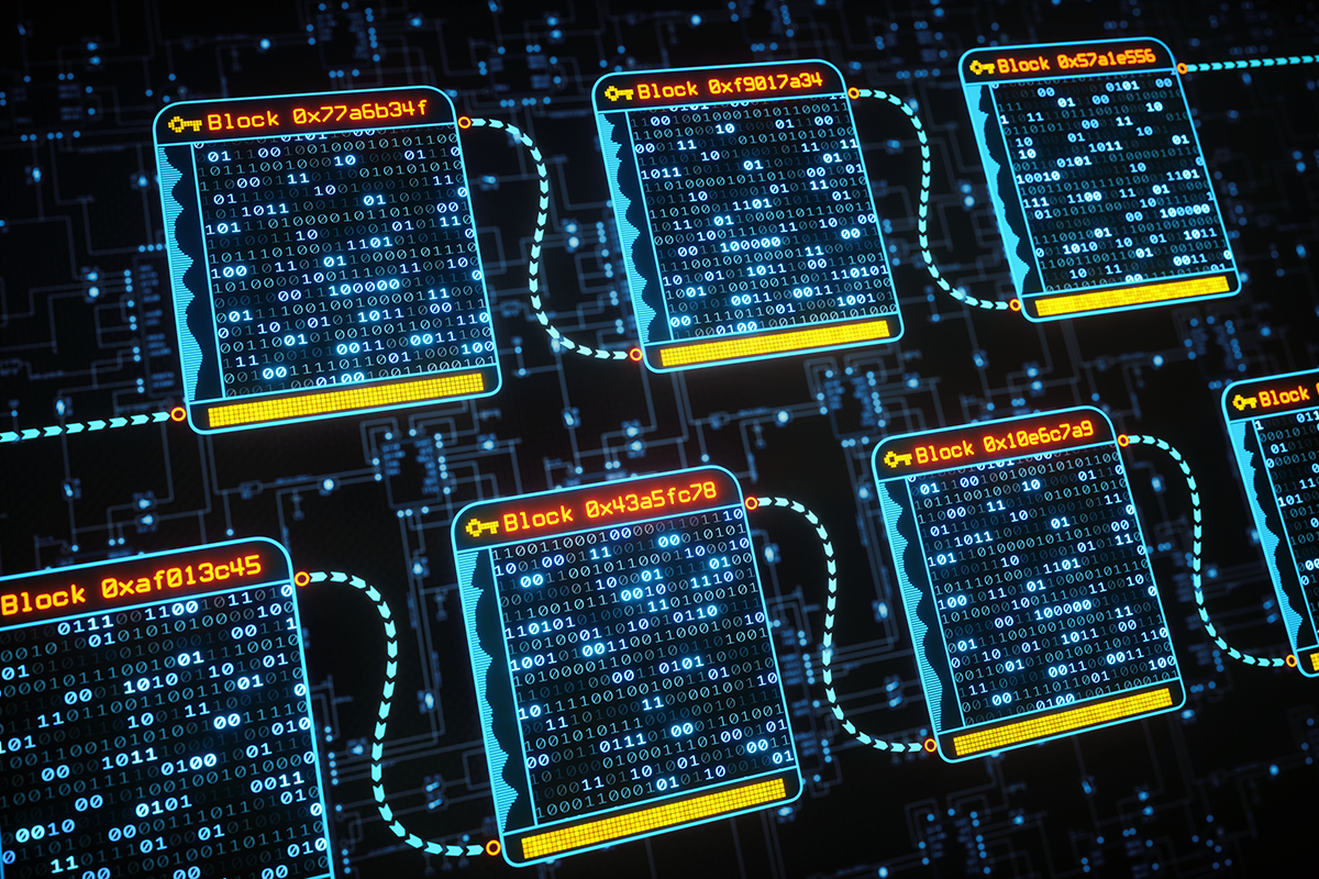 This illustration of pixelated neon rectangles represent the block chain which is a central digital system to how many crypto-assets are bought and sold.
