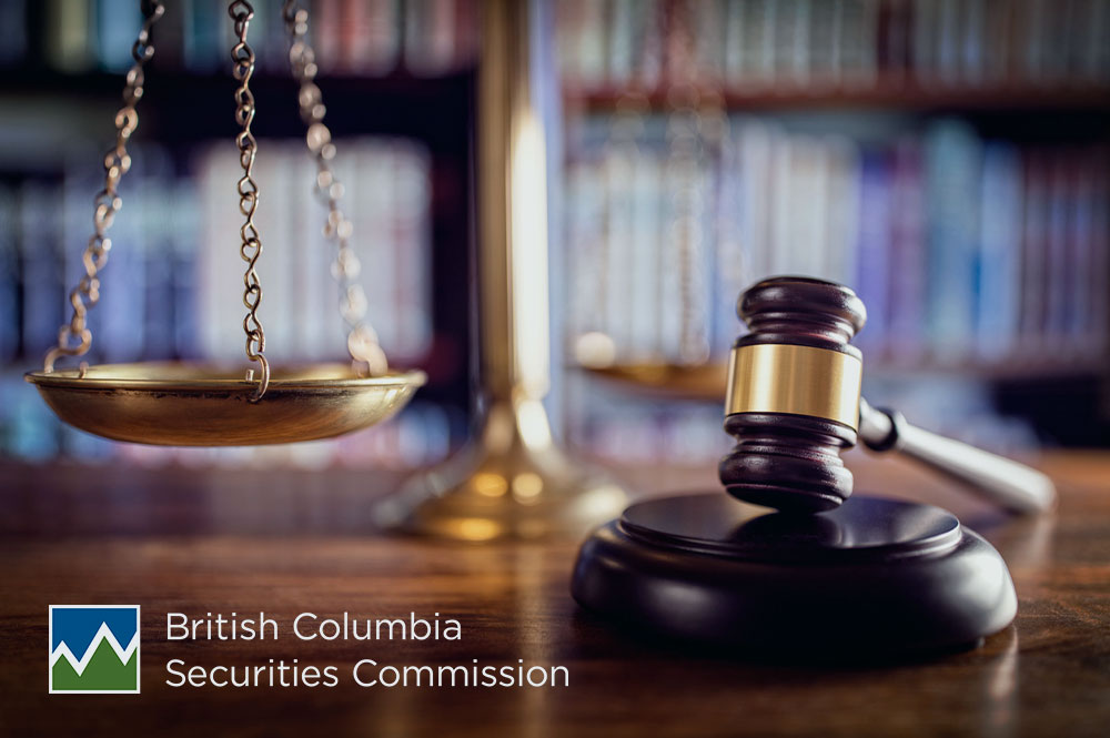 The wooden mallet resting on a stand with the scales of justice and law books in the background represent enforcement actions taken in British Columbia by securities regulators like the BCSC and IIROC in July 2020.