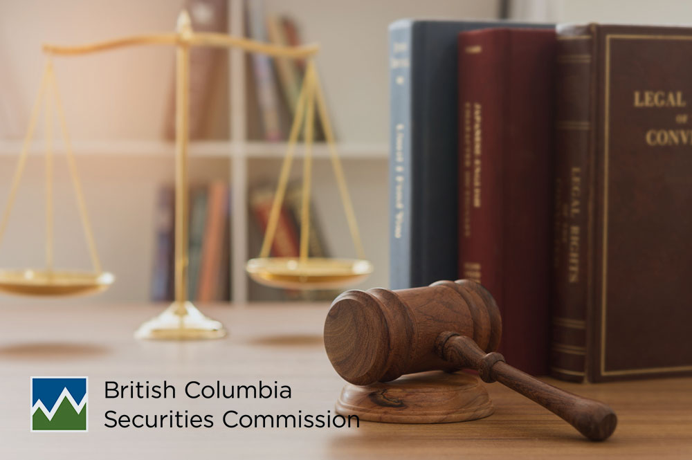 A gavel with law books and the scales of justice behind it represents enforcement action taken in British Columbia by the BC Securities Commission (BCSC).