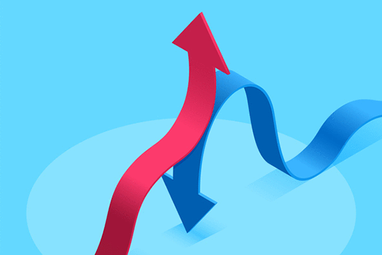 This illustration of a red arrow pointing up colliding with a blue arrow pointing down represents how inflation can affect the value of your money over time.