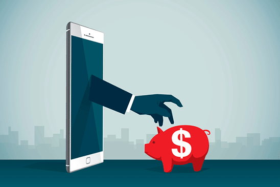 An illustration of an arm reaching out of a smartphone towards a red piggybank with a dollar sign on it represents how fraudsters will use social media and other online tactics to push investment scams.