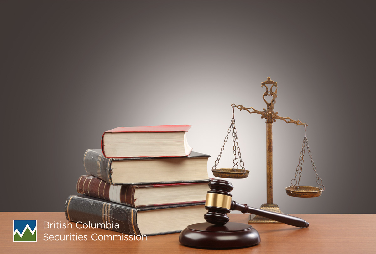 Golden scales of justice with a gavel and legal textbooks in the background represent enforcement actions taken in British Columbia by securities regulators in October 2021.
