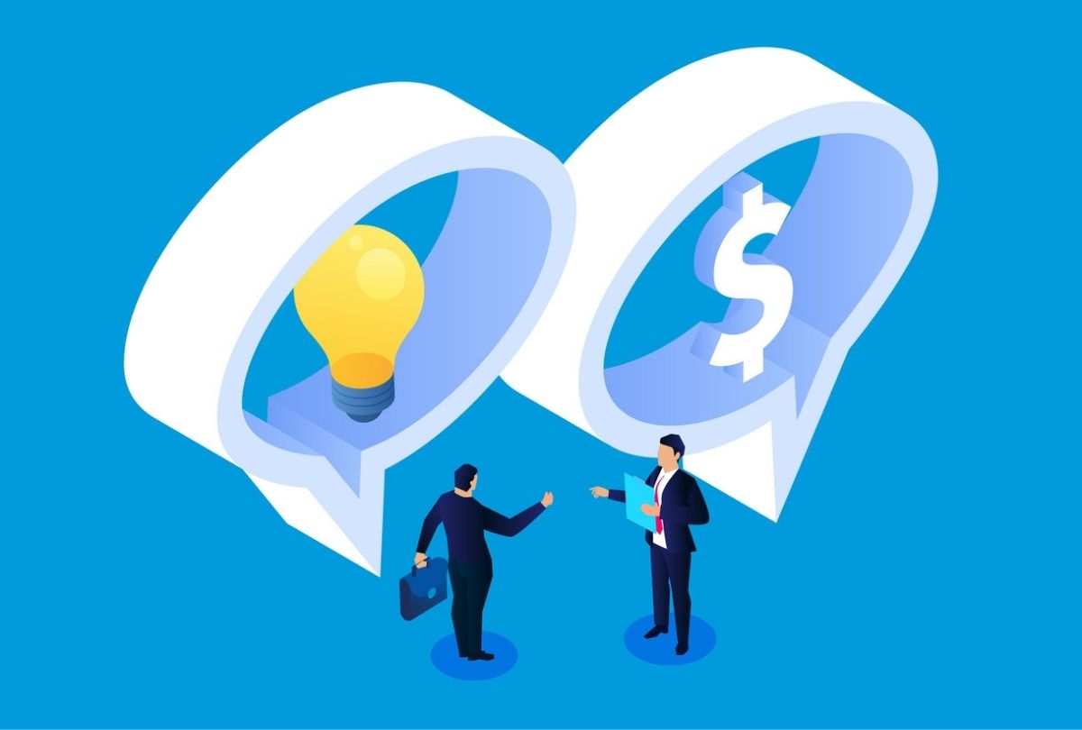 This illustration of a man with a lightbulb over him communicating with another man with a dollar sign over him represents investors talking to startup or venture companies about investment possibilities and associated risks.