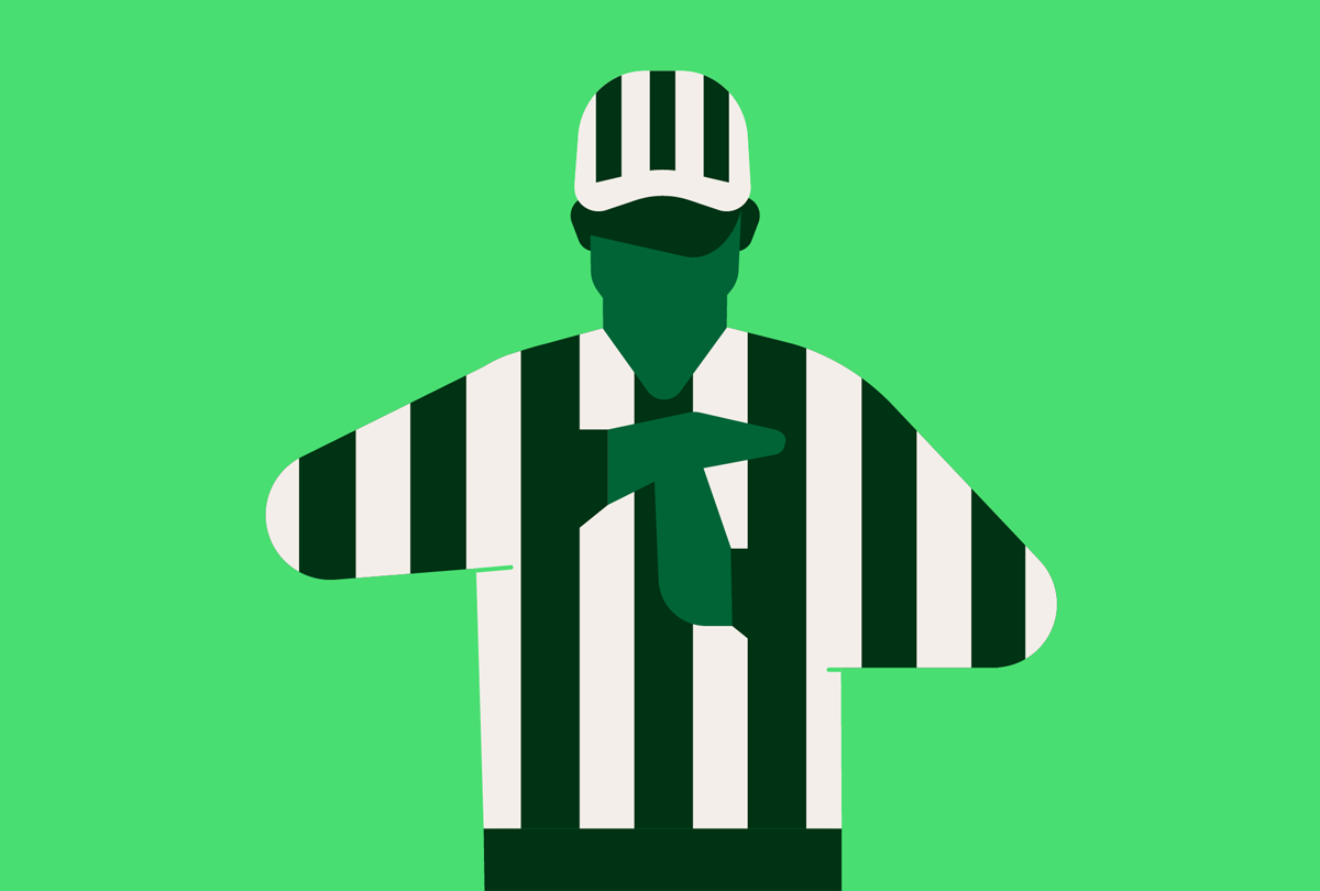 An illustration of a referee holding up a warning sign to convey enforcement