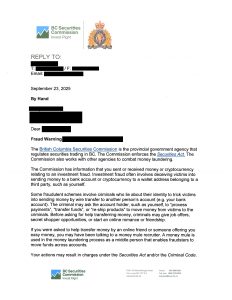 One of the warning letters delivered to a suspected money mule.